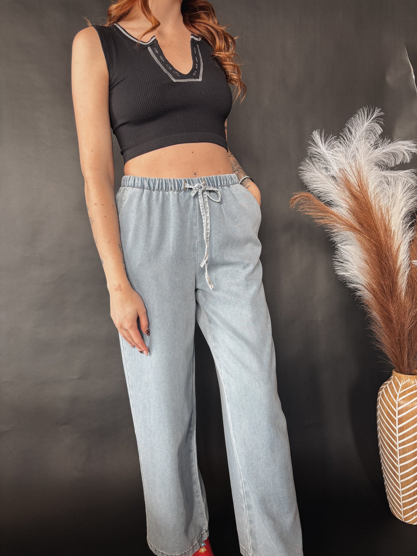 Lightweight Drawstring Wide Leg Pants