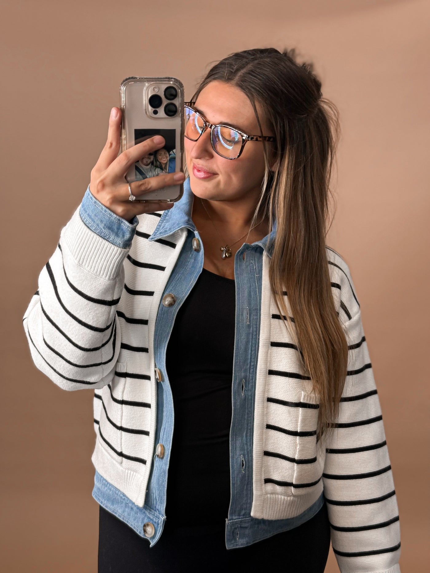 Stripe Knit Denim Cardigan