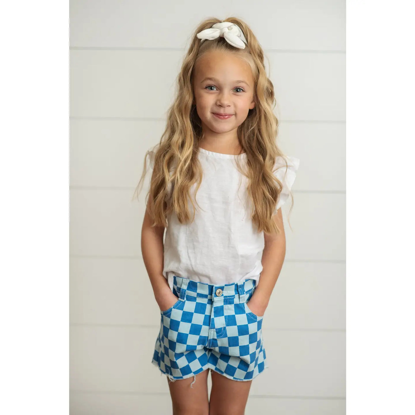 Checkered Blue Denim Jean Shorts