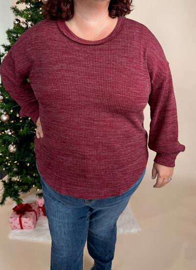 Wine Drop Shoulder Knit Top - Curvy