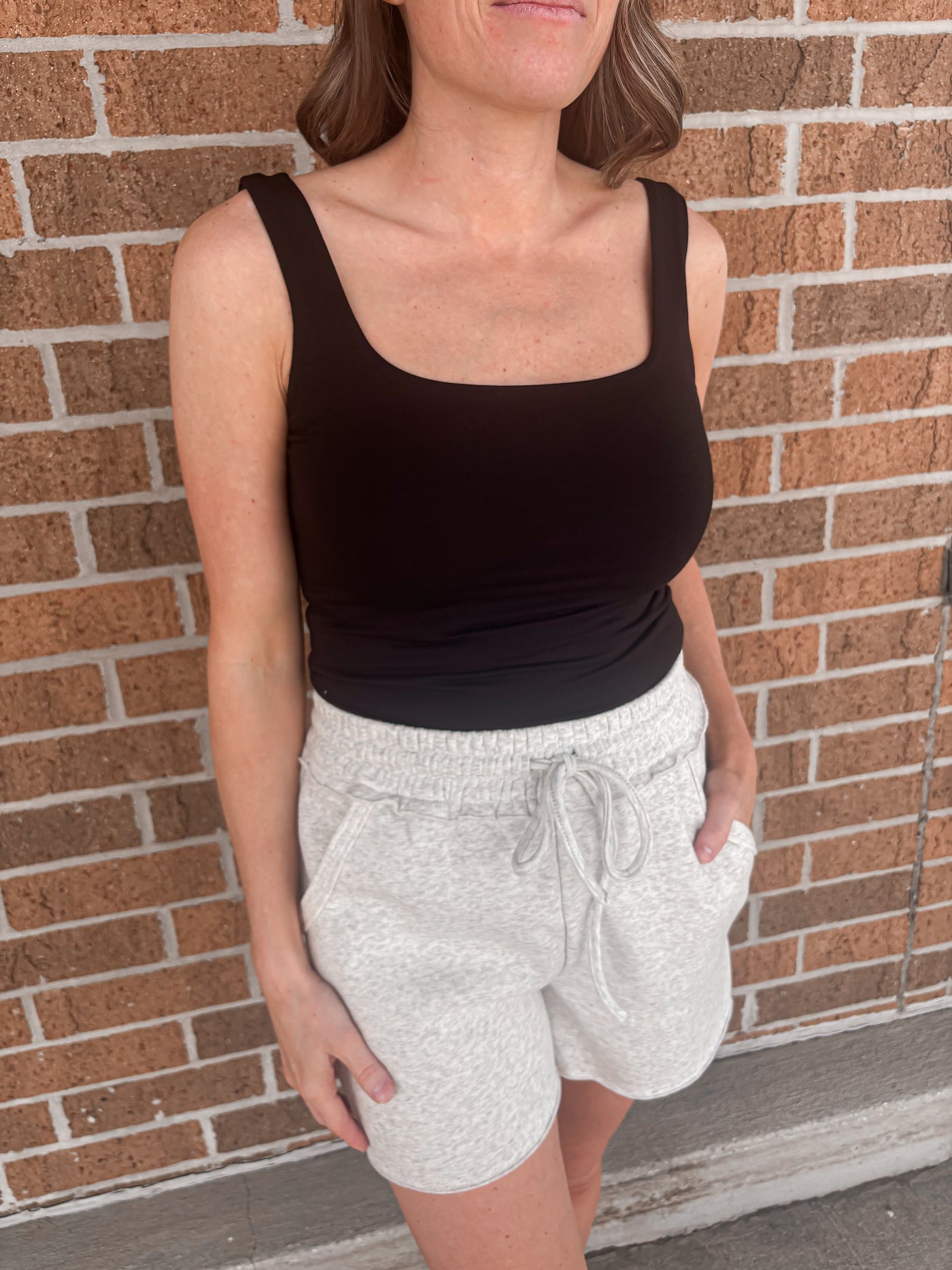 Double Layer Square Neck Tank Top - Black