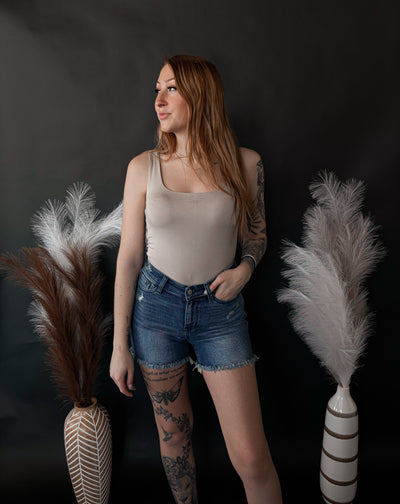 Double Layer Square Neck Tank Top - Fog
