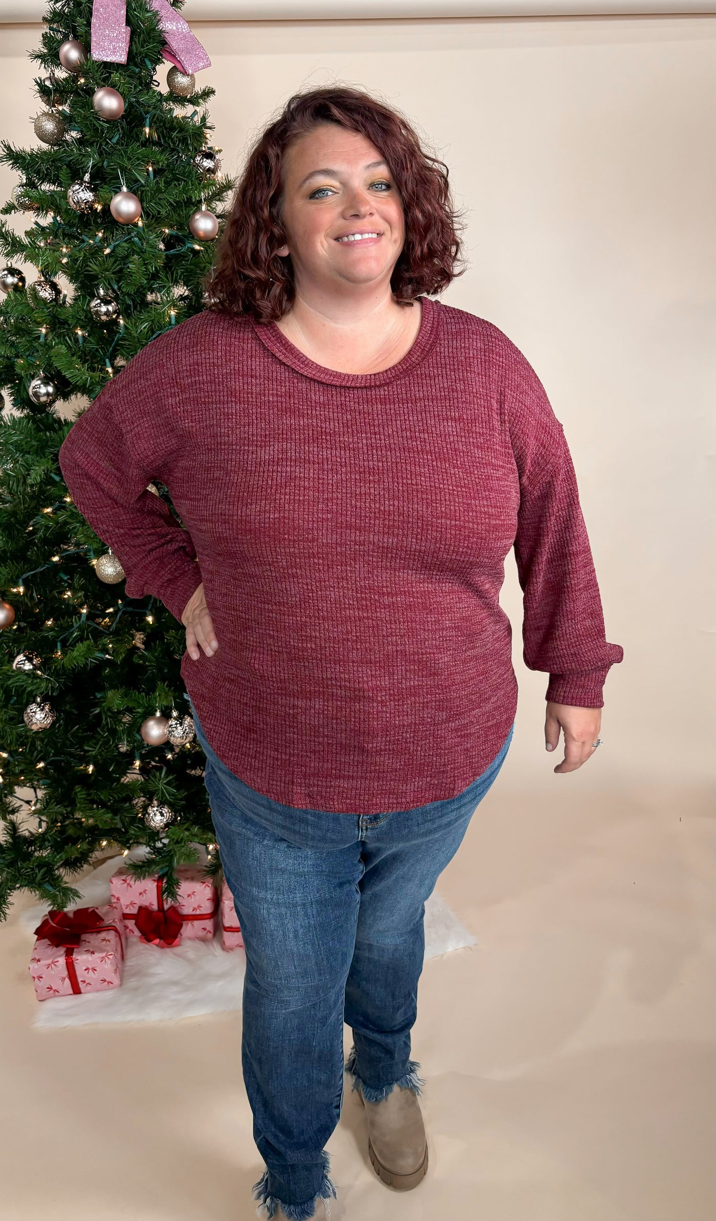 Wine Drop Shoulder Knit Top - Curvy