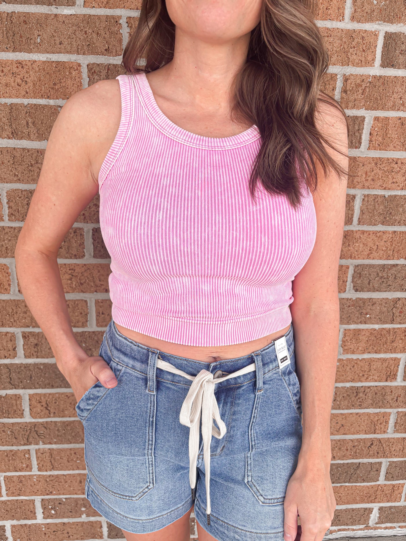 Stone Washed Ribbed Tank - Candy Pink
