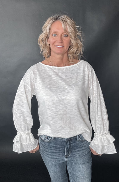 Ruffle Sleeve Brushed Top - Ivory