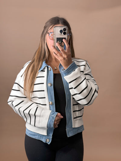 Stripe Knit Denim Cardigan