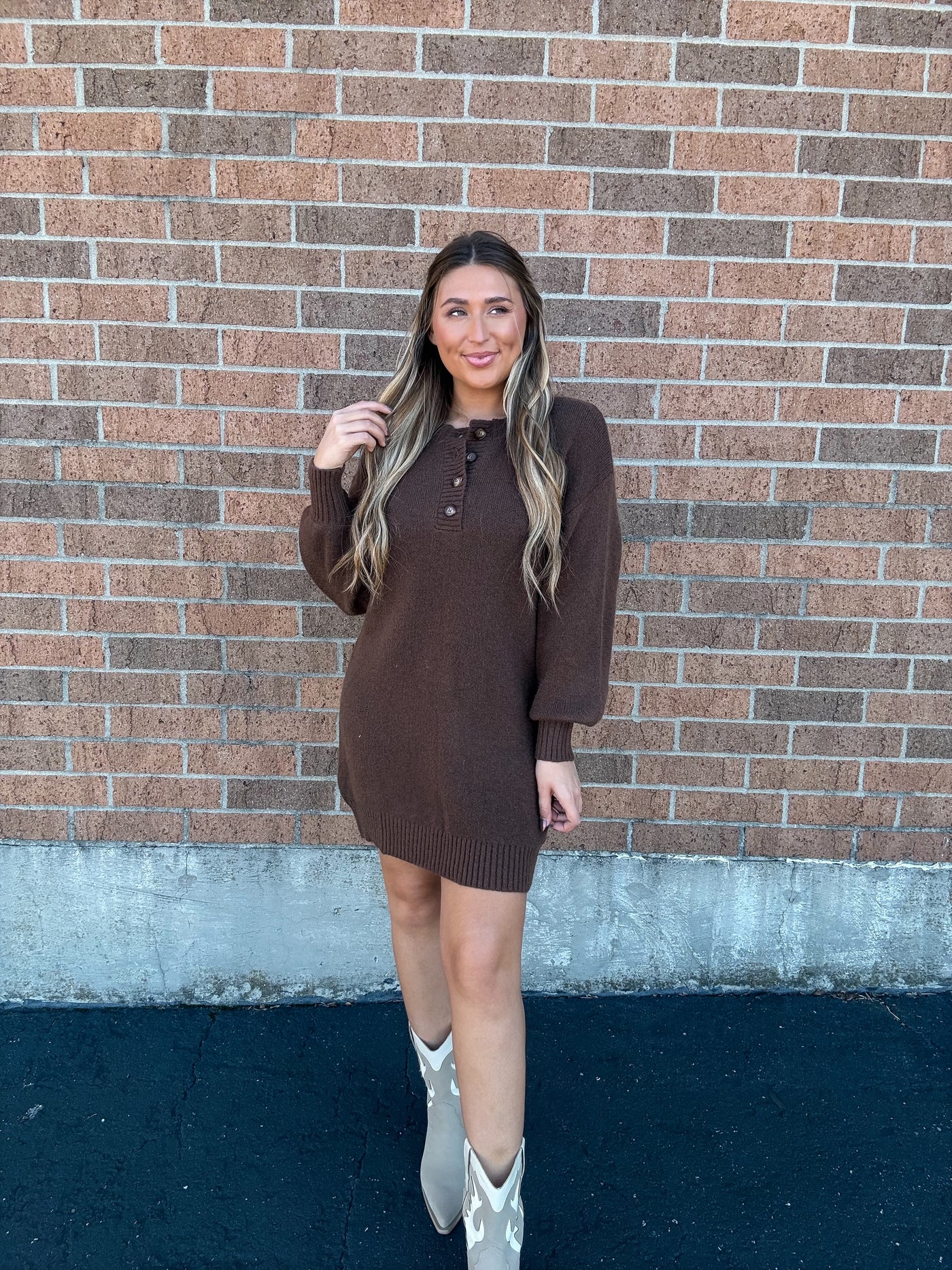 Half Button Coffee Bean Sweater Dress - FINAL SALE