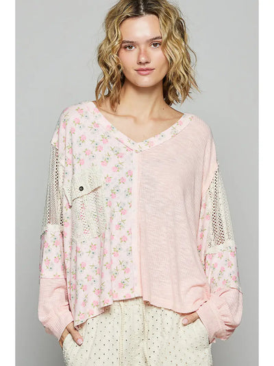 Floral Print Contrast Pocket Knit Top