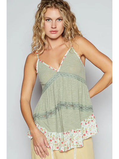 V-Neck Sleeveless Floral Contrast Tunic Top