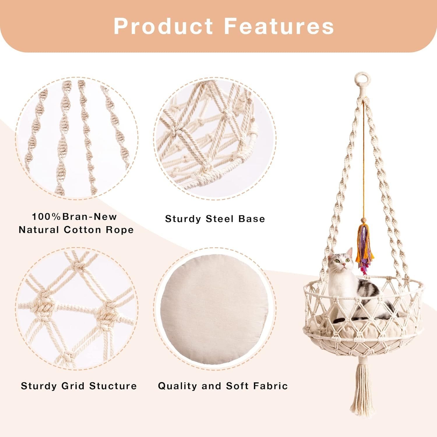 Boho Macrame Cat Swing - Handwoven Hanging Bed With Soft Mat & Toy For Indoor Cats 6 Boho Macrame Cat Swing - Handwoven Hanging Bed With Soft Mat & Toy For Indoor Cats - Image 6