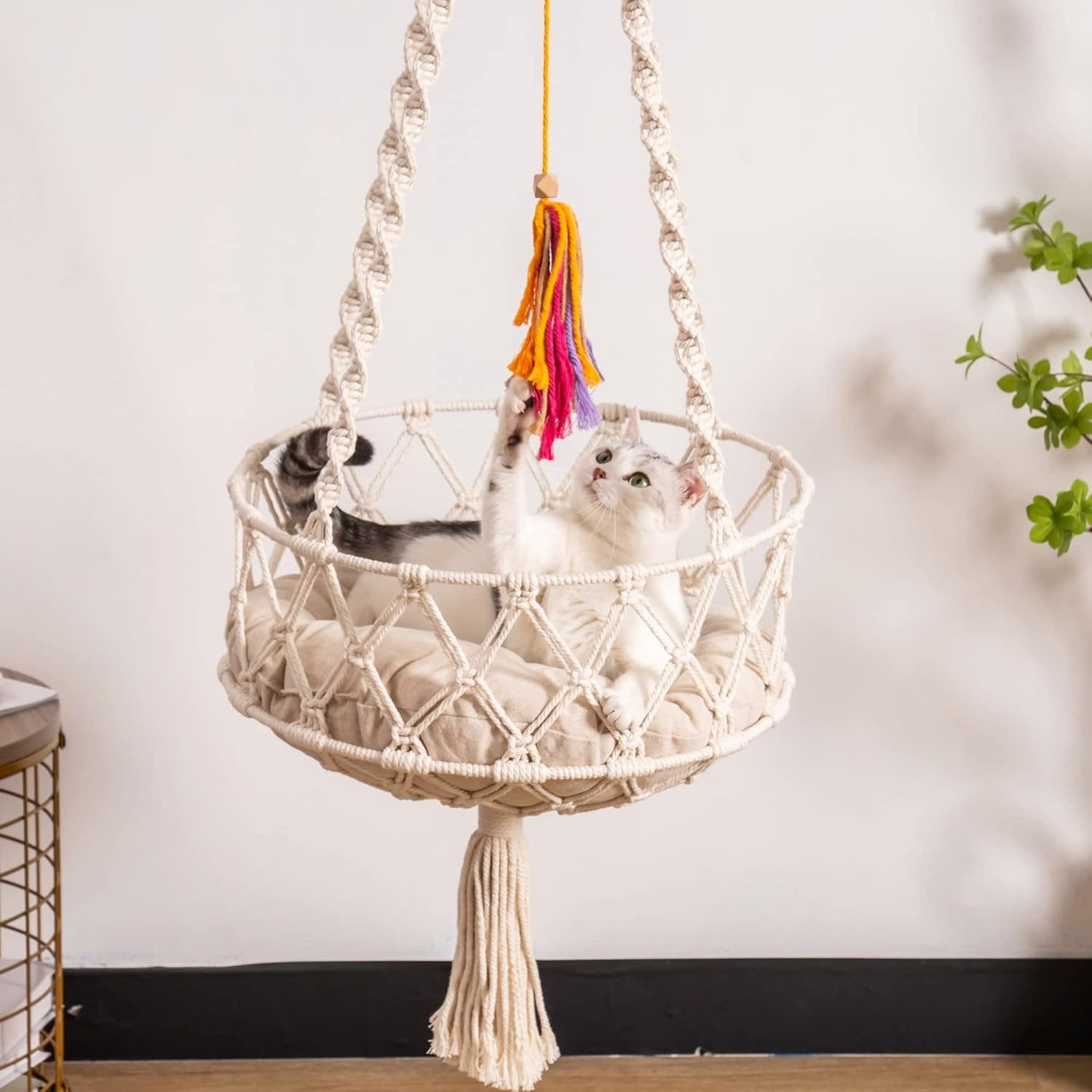 Boho Macrame Cat Swing - Handwoven Hanging Bed With Soft Mat & Toy For Indoor Cats 5 Boho Macrame Cat Swing - Handwoven Hanging Bed With Soft Mat & Toy For Indoor Cats - Image 5