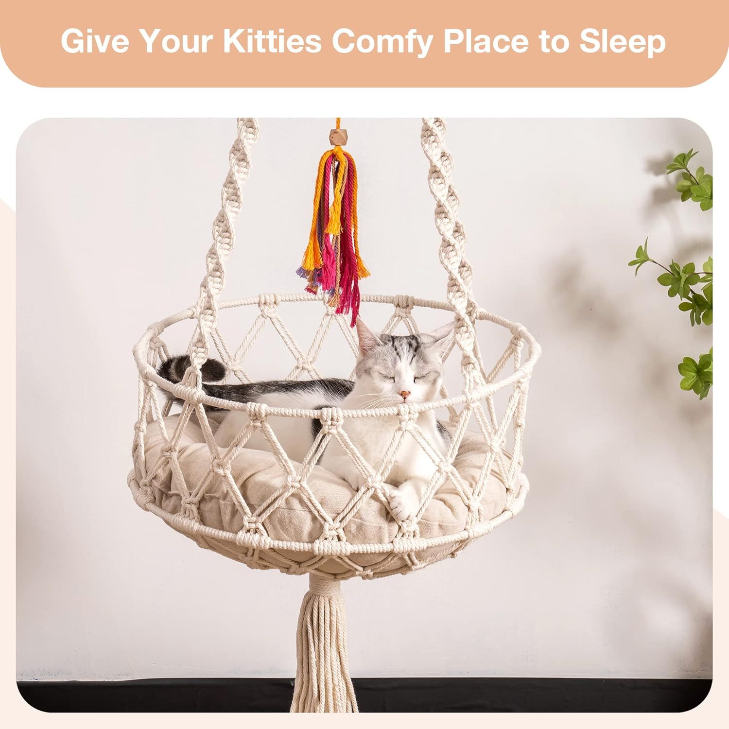 Boho Macrame Cat Swing - Handwoven Hanging Bed With Soft Mat & Toy For Indoor Cats 4 Boho Macrame Cat Swing - Handwoven Hanging Bed With Soft Mat & Toy For Indoor Cats - Image 4